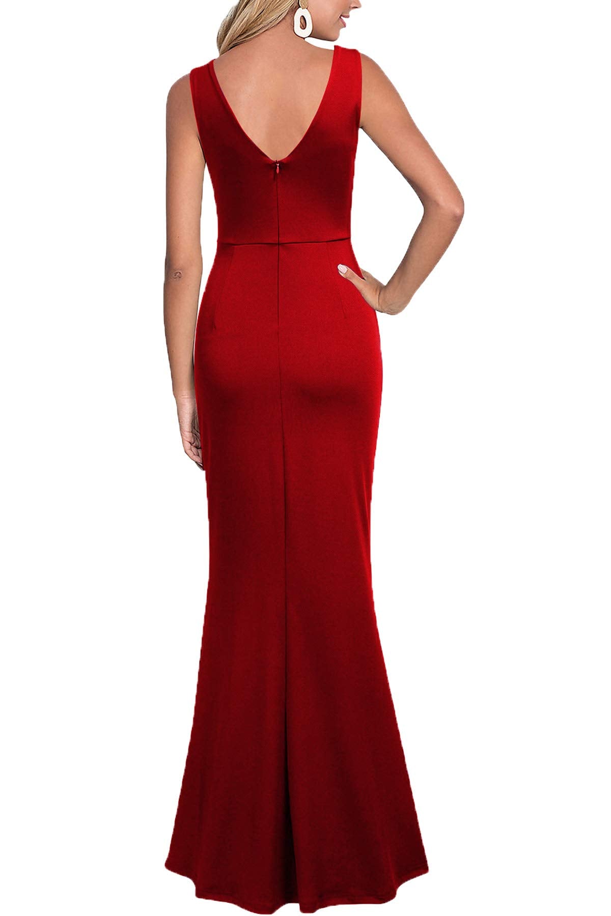 WOOSEA Women Sleeveless V Neck Split Evening Cocktail Long Dress Red