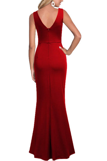 WOOSEA Women Sleeveless V Neck Split Evening Cocktail Long Dress Red