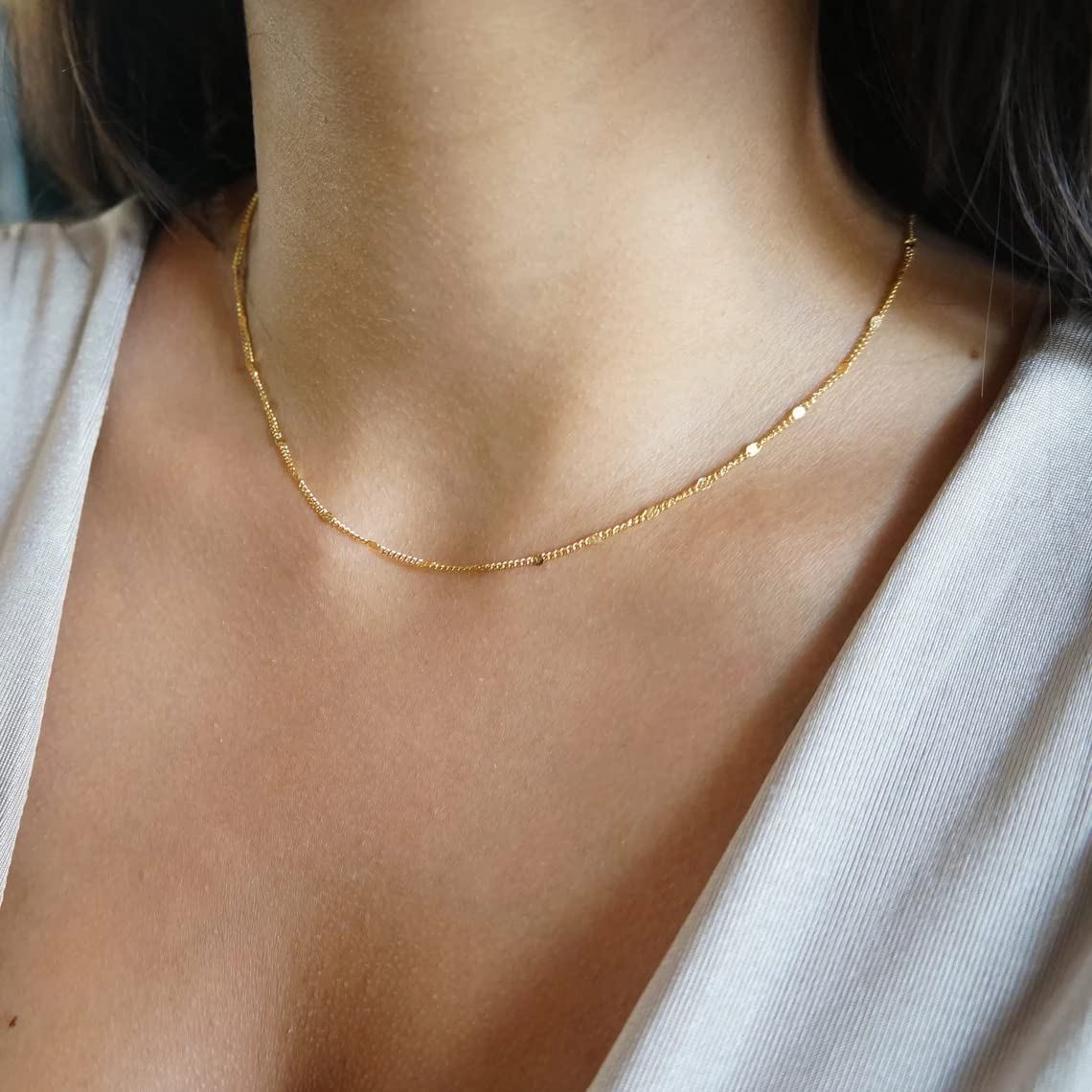 BERISO 14K Gold Plated Dainty Sparkle Dot Chain Necklace Shining Dot Sequins Necklace Simple Necklace with Adjustable Extension Chain Good Gift for Women Girls Mom Girlfriend