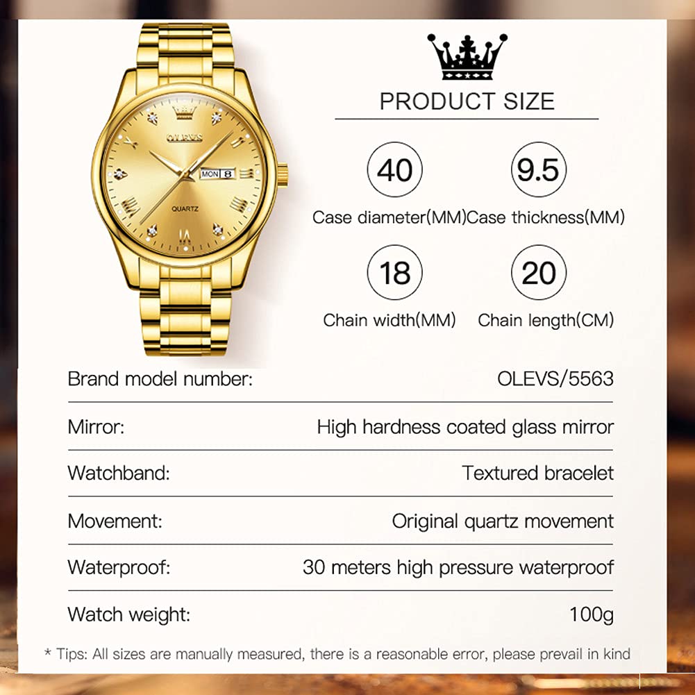 OLEVS Gold Watches for Men,Fashion Men Wrist Watches with Day Date,Diamond Watches Men,Gold Stainless Steel Analog Man Watch Waterproof,reloj de Hombre,Large Face Mens Dress Watch Luminous, Watch Men