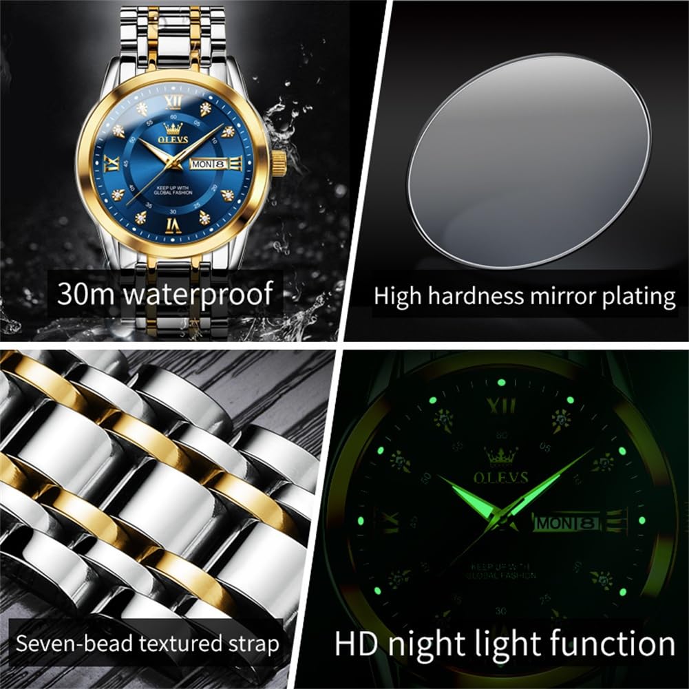 OLEVS Men's Watches Gold and Blue Mens Watches Luxury Dress Watches for Men Classic Two Tone Mens Wrist Watches Analog Quartz Watches Mens Waterproof Stainless Steel Watches Reloj para Hombre