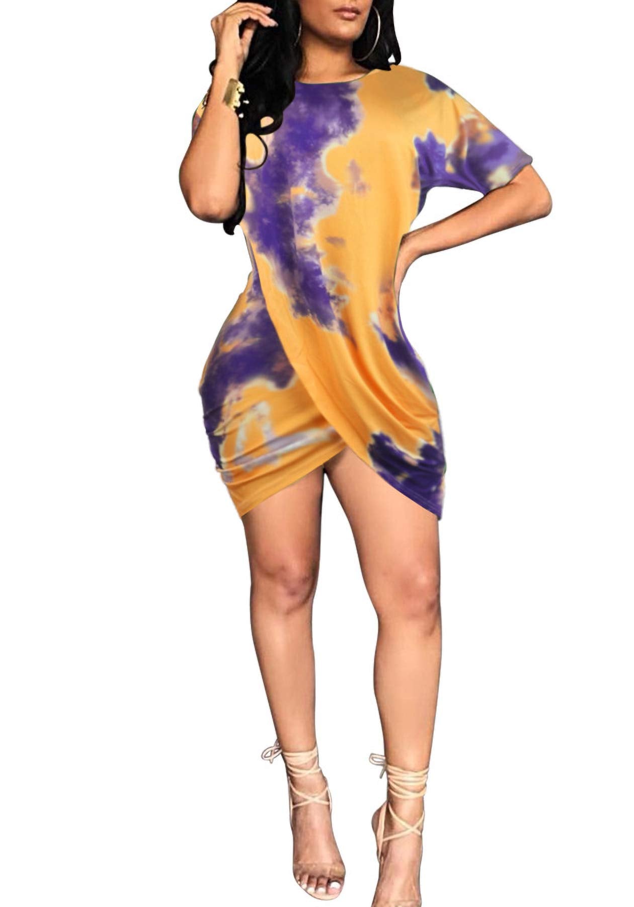 LKOUS Club Mini Dress for Women's Short Sleeve Ruched Wrap T Shirt Dress, Cocktail Party Bodycon Short Dress