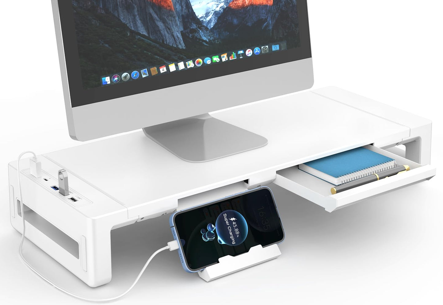 AQQEF Monitor Stand Riser, Foldable Computer Monitor Stand for Desk with USB 3.0 and Charging Prot, Laptop & Monitor Riser for Desk with Storage Drawer and Tablet Phone Hold