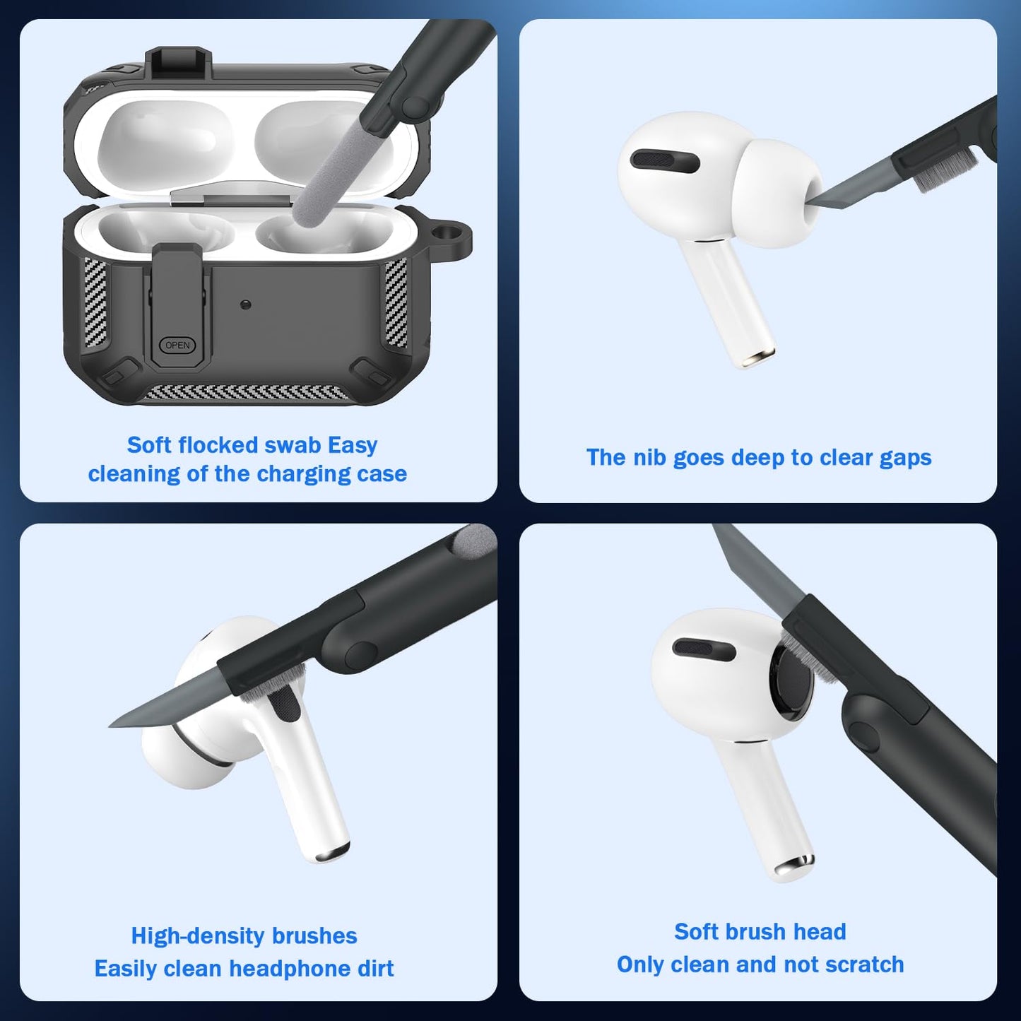 RFUNGUANGO AirPods Pro 2nd Generation Case Cover with Cleaner Kit, Military Hard Shell Protective Armor with Lock for AirPod Gen 2 Charging Case 2023,2022, Front LED Visible,Black