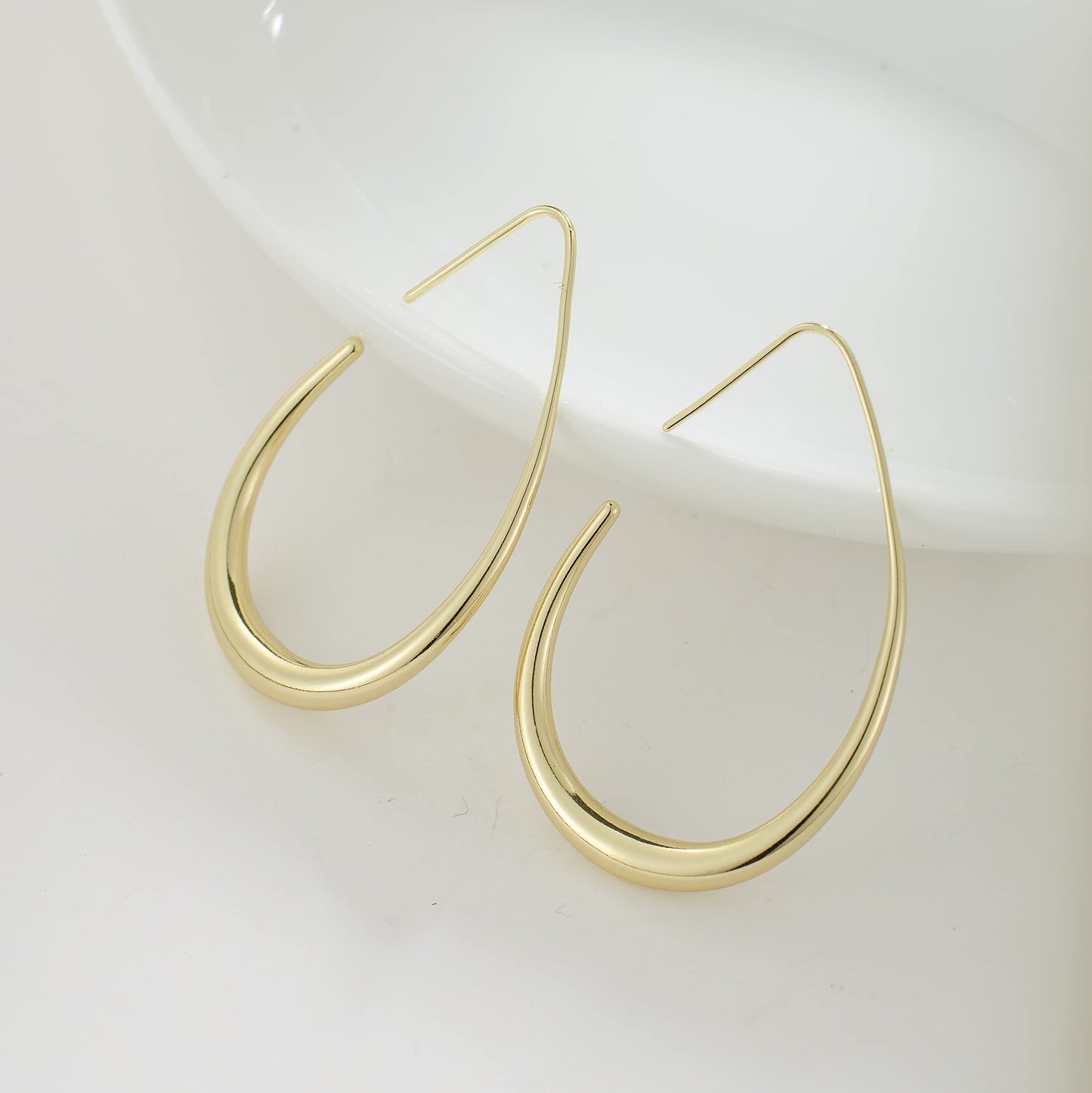 Lightweight Teardrop Hoop Earrings for Women - 14k Gold/White Gold Plated Large Oval Pull Through Hoop Earrings High Polished Statement Jewelry Gift for Women Teen Girls