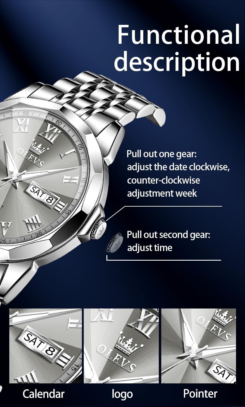 OLEVS Mens Watches Grey Watch for Men Silver Watches Luxury Men Stainless Steel Watches Waterproof Analog Quartz Large Dial Mens Wrist Watches Date Day Dress Reloj de Hombre Roman Numerals