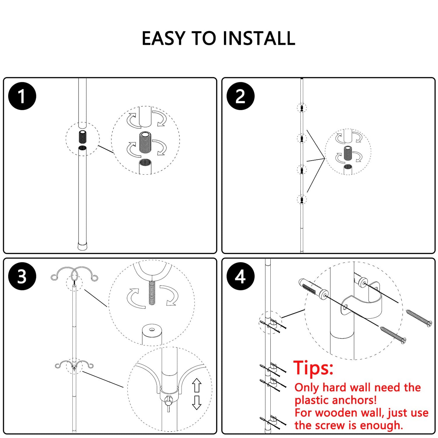 RINLAIN String Light Poles 2 Pack,8.3ft Height Adjustable Metal Stand Pole with Hooks for Hanging String Lights,Garden, Backyard, Patio Lighting Stand for Parties, Wedding (2Pack-Deck Pole, Black)