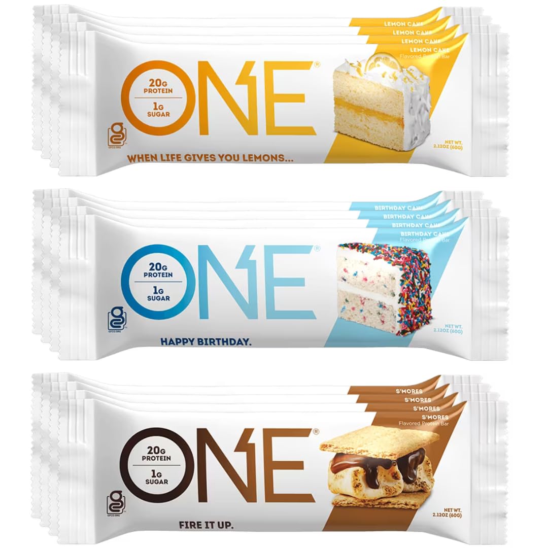 ONE bar, Protein Bars, 3 Flavor Variety Pack, Gluten Free 20g Protein and Only 1g Sugar, 2.12 oz Bars (Pack of 12)