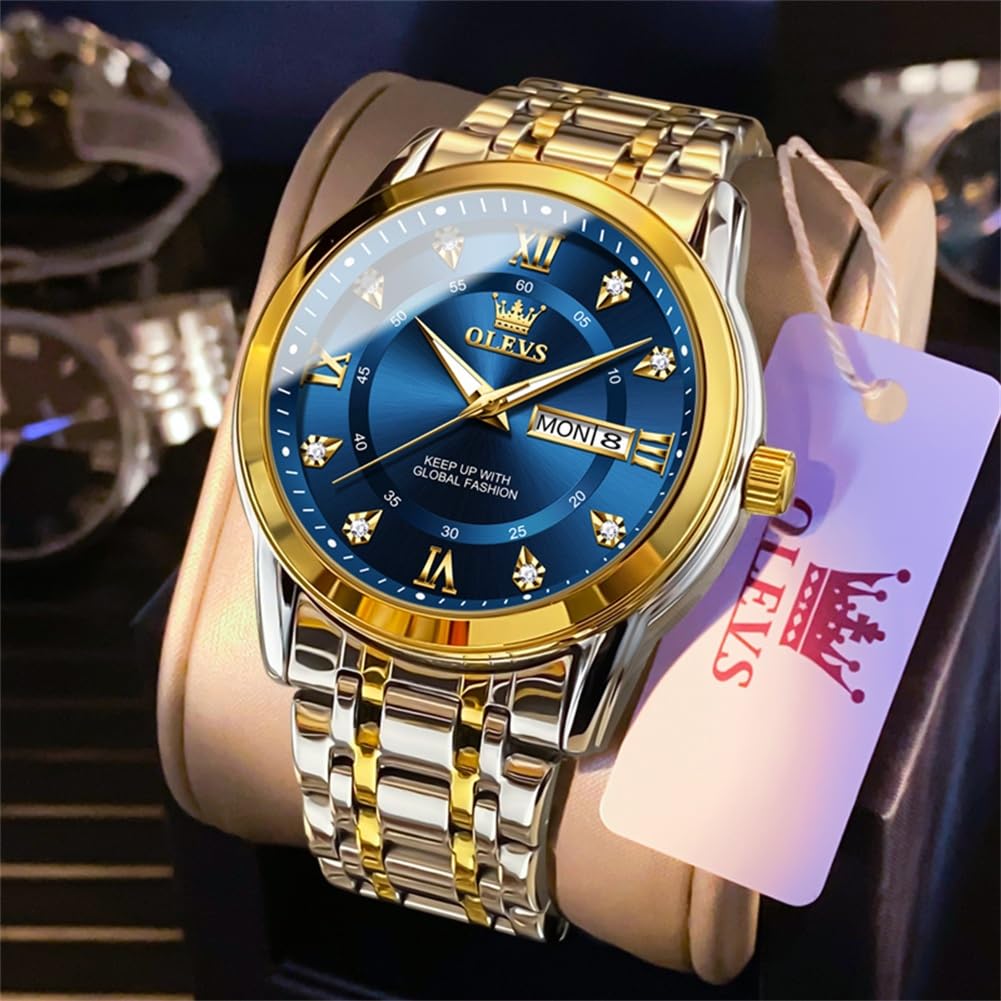 OLEVS Men's Watches Gold and Blue Mens Watches Luxury Dress Watches for Men Classic Two Tone Mens Wrist Watches Analog Quartz Watches Mens Waterproof Stainless Steel Watches Reloj para Hombre