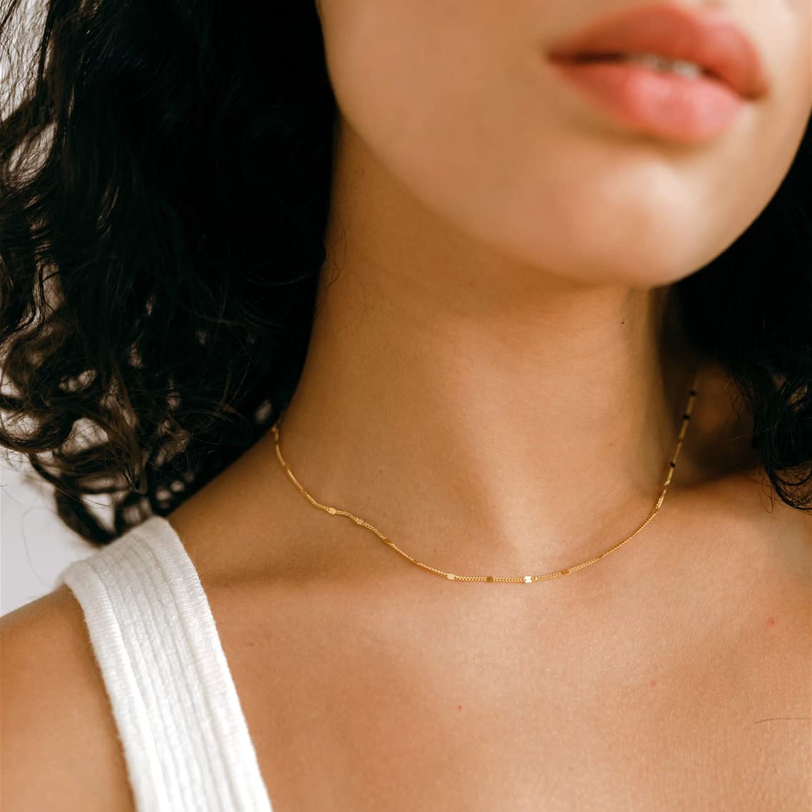 BERISO 14K Gold Plated Dainty Sparkle Dot Chain Necklace Shining Dot Sequins Necklace Simple Necklace with Adjustable Extension Chain Good Gift for Women Girls Mom Girlfriend