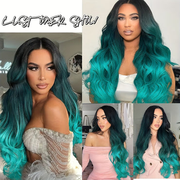 Long Wavy Wig Ombre Bluish Green Wigs Long Curly Ombre Color Hair Wigs Middle Part Synthetic Mermaid Green Wigs For Women Daily Party Cosplay