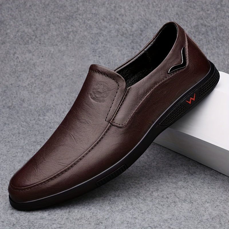 CLOHOO Men's Slip-On Casual Shoes - Genuine Leather Upper, Rubber Sole with PU Cushioned Insole, All-Season Comfort for Business & Vacation, Brown/Black, Casual Footwear | Classic Slipon | Rubber Sole Footwear
