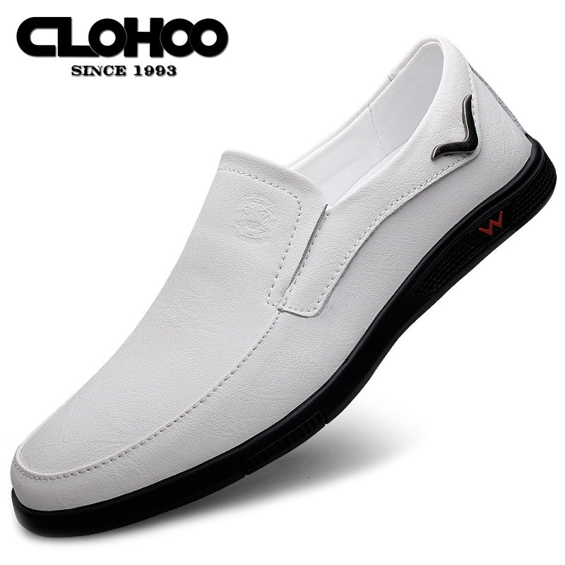 CLOHOO Men's Slip-On Casual Shoes - Genuine Leather Upper, Rubber Sole with PU Cushioned Insole, All-Season Comfort for Business & Vacation, Brown/Black, Casual Footwear | Classic Slipon | Rubber Sole Footwear