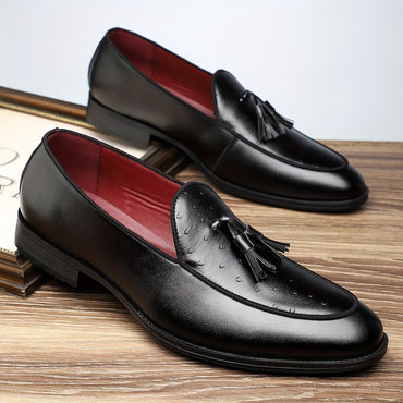 Plus Size Men's Solid Color Elegant Slip On Tassel Loafer Shoes, Comfy Non Slip Rubber Sole Casual Dress Shoes, Men's Footwear