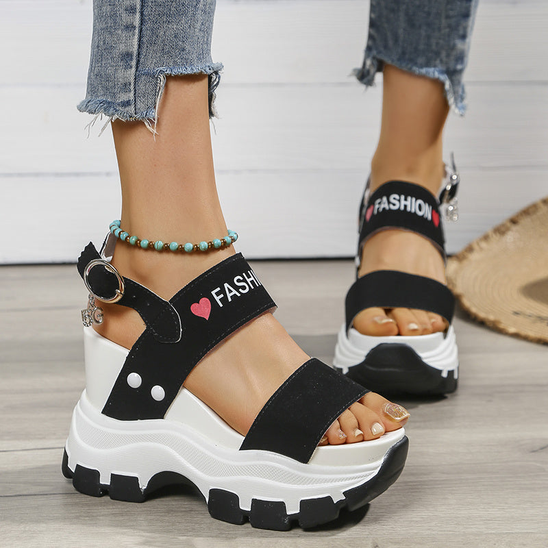 Casual Elegance Open-Toe Wedge Sandals, Solid Color with Strappy Back & Metal Buckle, Comfortable Platform Heel Fashion Footwear for Women