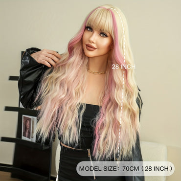 Highlight Long Curly Wavy Wig With Bangs Synthetic Wig Beginners Friendly Heat Resistant Elegant For Daily Use Wigs For Women