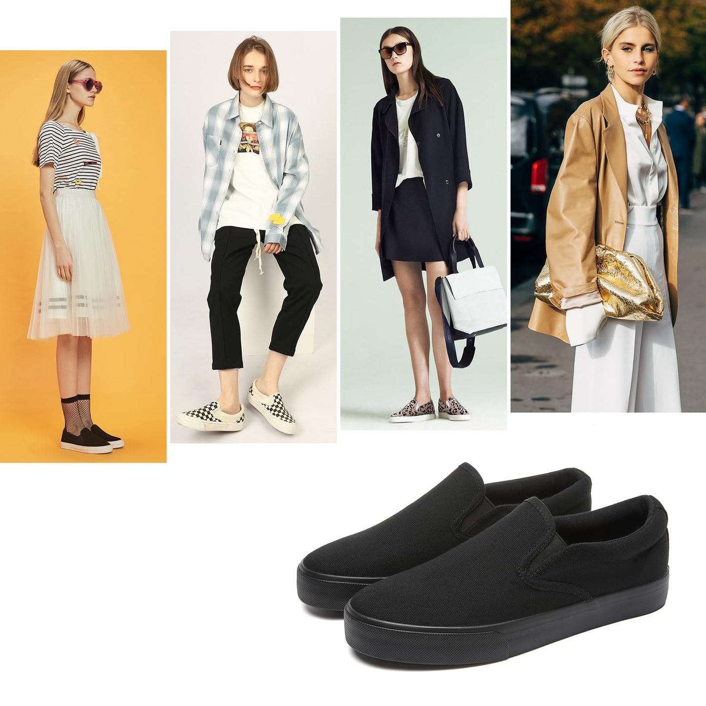 Women's Canvas Slip On Shoes Fashion Sneakers Flats Shoes White Canvas Shoes(Full Black.US8)