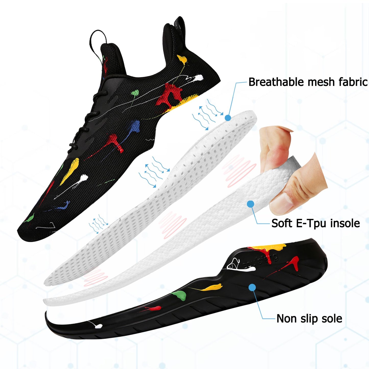 Soulsfeng Mens Running Shoes Lightweight Breathable Fashion Stylish Sports Workout Gym Tennis Walking Black Sneakers for Men Size 13 US
