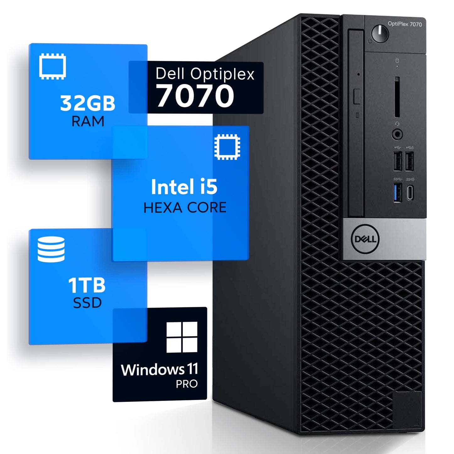 Dell Optiplex 7070 Desktop Computer | Hexa Core Intel i5 (3.2) | 32GB DDR4 RAM | 1TB SSD Solid State | Windows 11 Professional | Home or Office PC (Renewed), Black