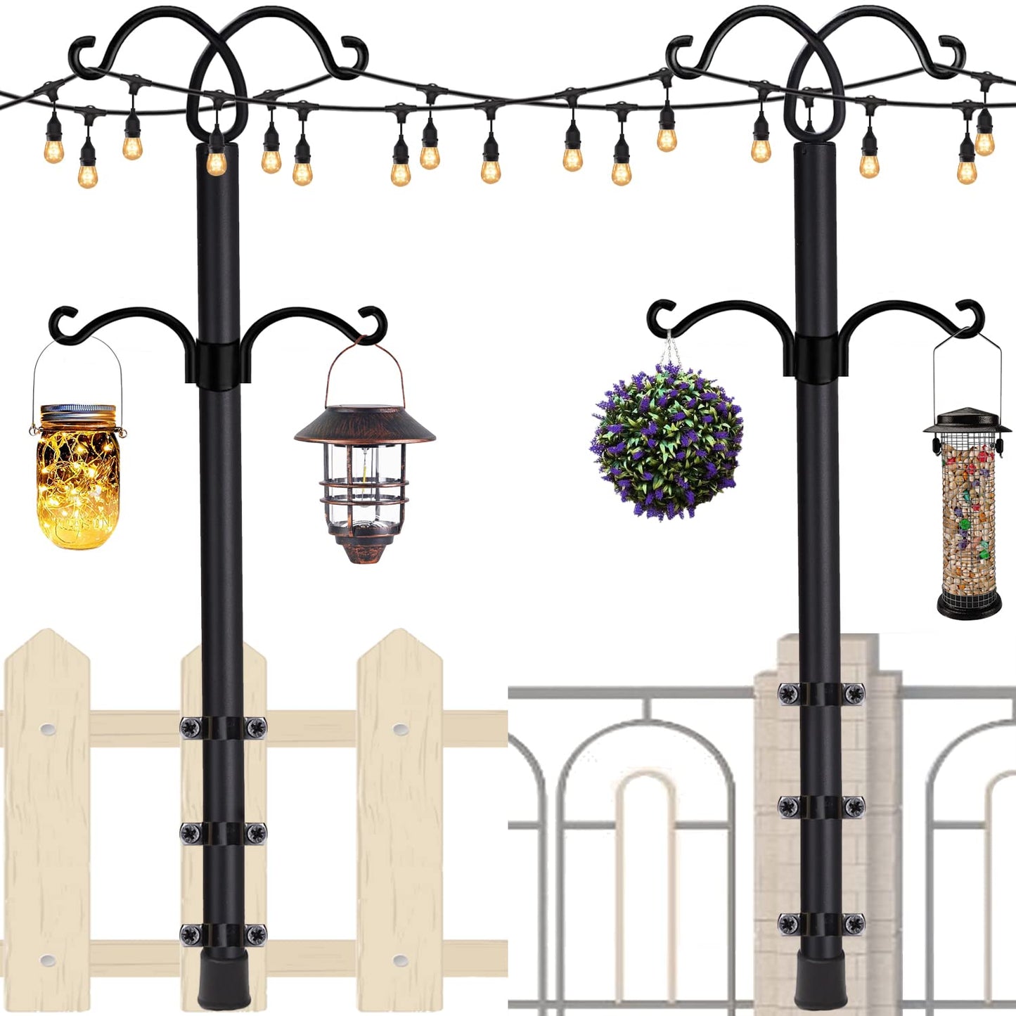 RINLAIN String Light Poles 2 Pack,8.3ft Height Adjustable Metal Stand Pole with Hooks for Hanging String Lights,Garden, Backyard, Patio Lighting Stand for Parties, Wedding (2Pack-Deck Pole, Black)