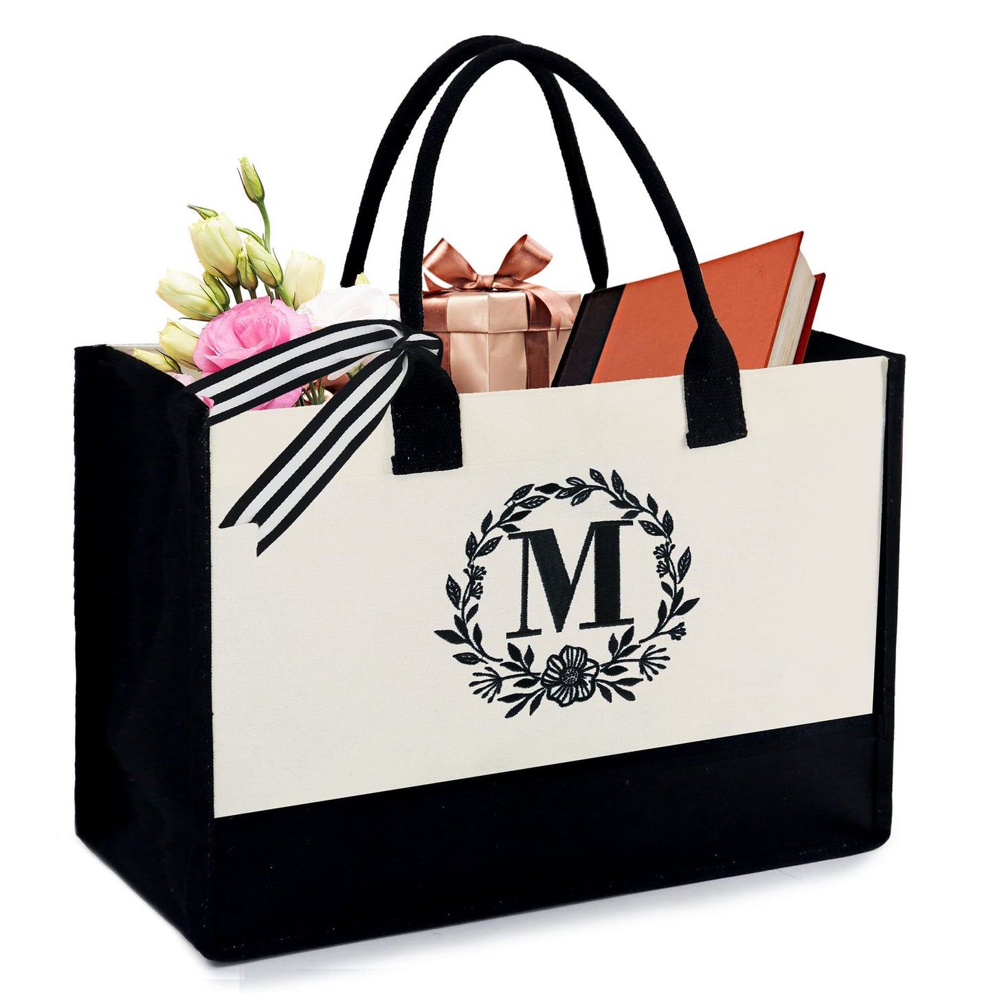 BeeGreen Gifts for Mom 50th Birthday Gifts for Women Her Bridesmaid Gift Baskets for Woman Friend Teacher Coworkers Female Sister Initial Canvas Tote Bag Unique Personalized Friendship Gifts Womens M