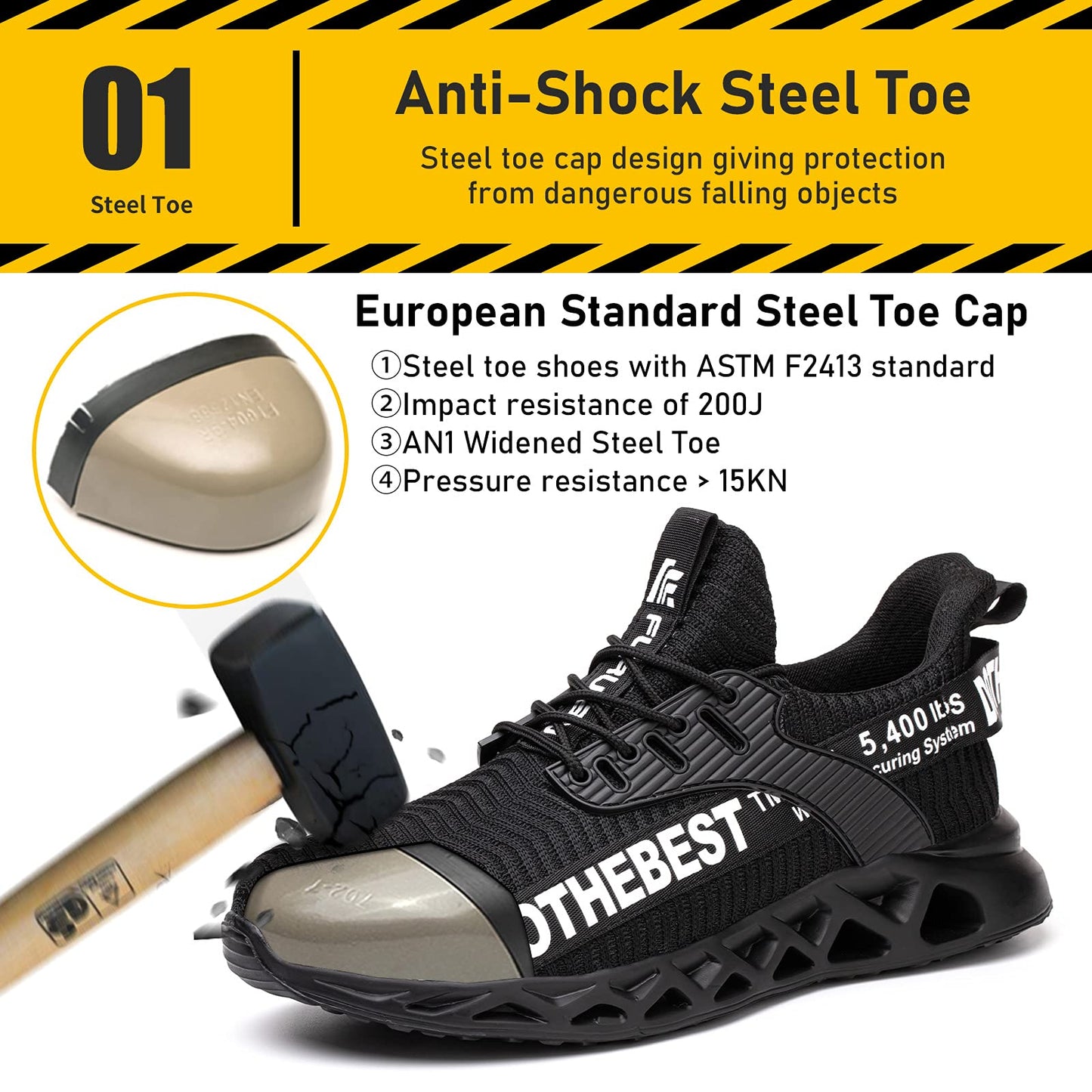 Steel Toe Shoes for Men Lightweight Indestructible Work Sneakers Women Puncture Proof Comfortable Slip On Safety Shoes Black Size M10/W11.5