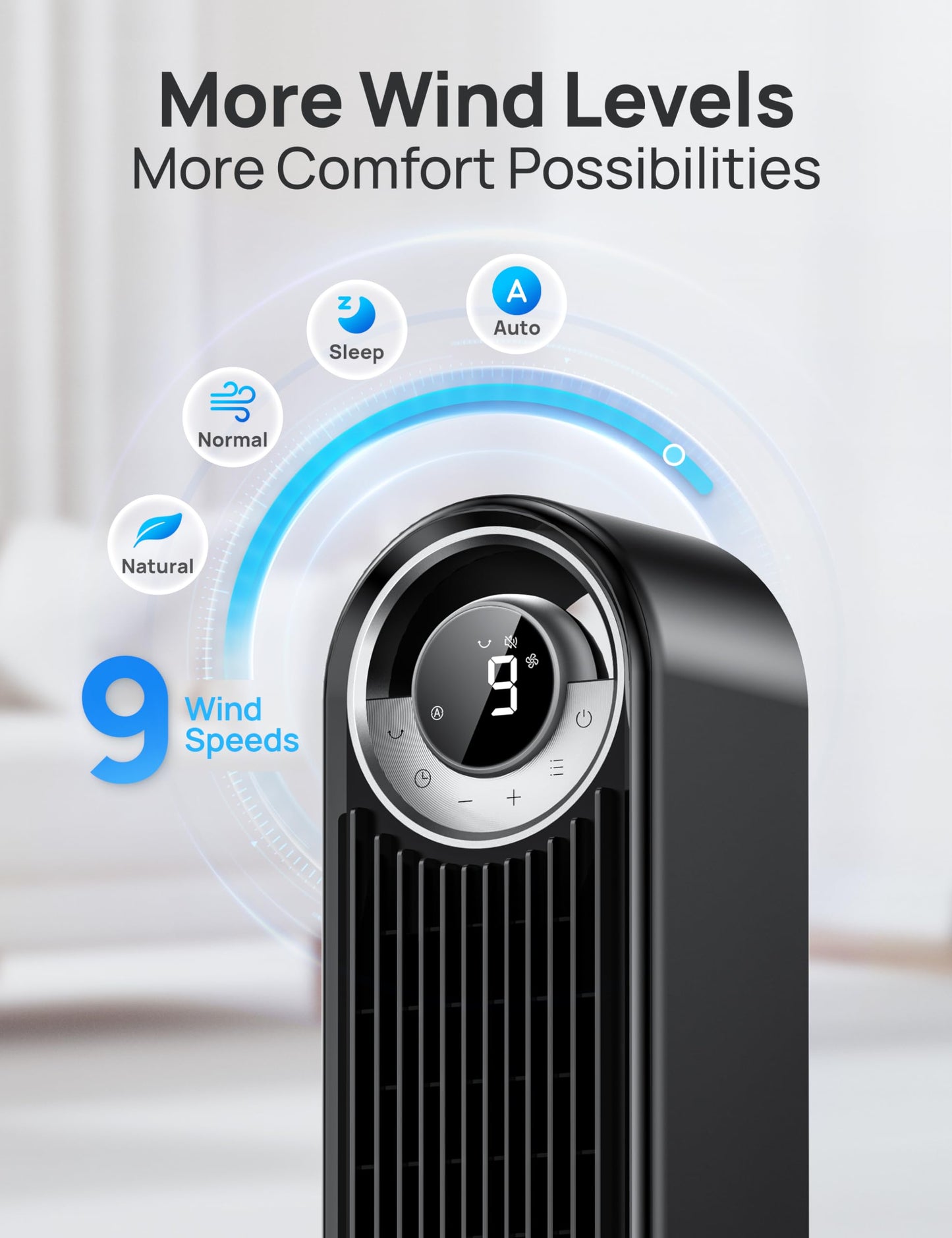 Dreo Tower Fan for Bedroom, Upgraded DC 9 Speeds Utral-Quiet Floor Fan, 90° Oscillating Fans for Indoors with 26ft/s Velocity, 12H Timer, Standing Fans, Bladeless Fan Powerful for Home Office Room