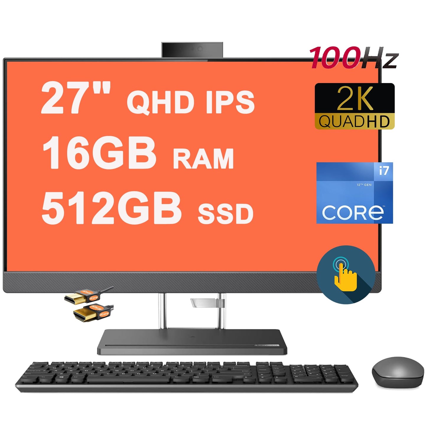 Lenovo IdeaCentre AIO 5 AIO Desktop 27" QHD IPS Anti-Glare Touchscreen 350nits 100Hz Intel 14-core i7-12700H Processor 16GB RAM 512GB SSD 5MP+ IR Camera JBL Win11 Grey + HDMI Cable