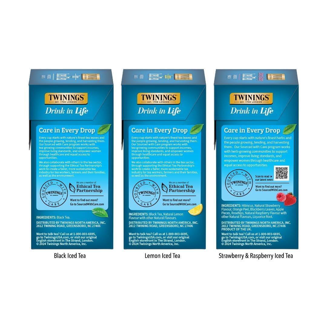 Twinings Iced Tea 3 Pack Variety Bundle (Black, Lemon Black, and Strawberry & Raspberry) 72 Count (Pack of 3), Makes 36 Pitchers or 432 Servings, Unsweetened, Caffeinated