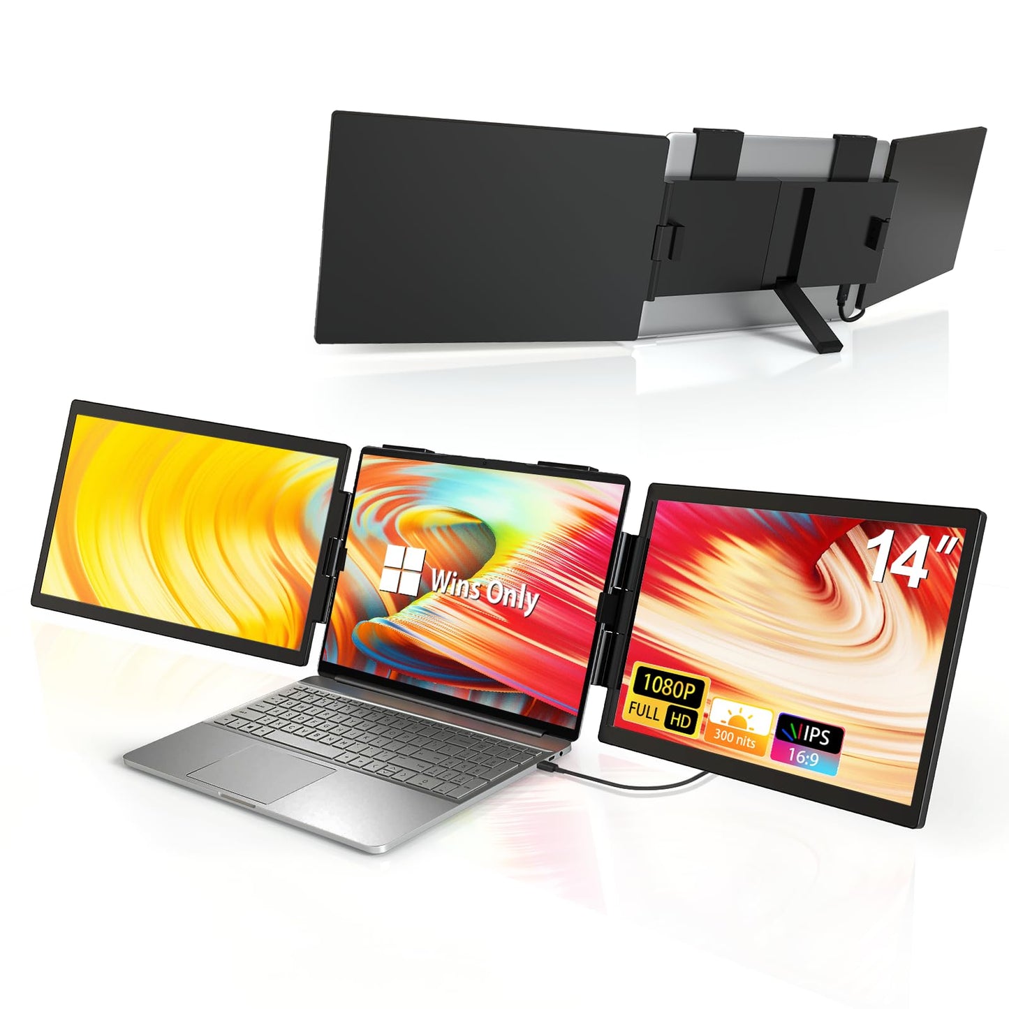 HotYeah Triple Laptop Screen Extender, 14”1080P Dual Portable Extended Monitor, USB-C Travel Monitor w/Kickstand & 360°Rotation, Tri Screen Monitor for 14-17”Laptop, One Cable Connection, Wins Only