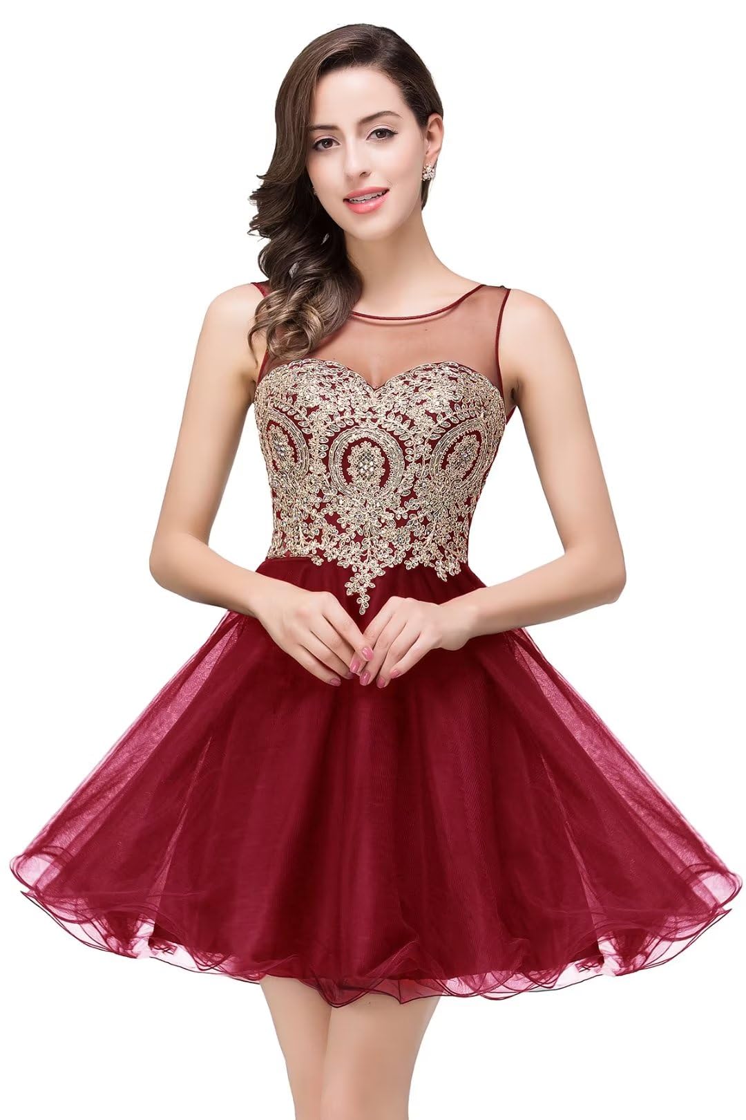 MisShow Womens Short Tulle Crystals Applique Homecoming Dress Short Formal Prom Gown Burgundy XL