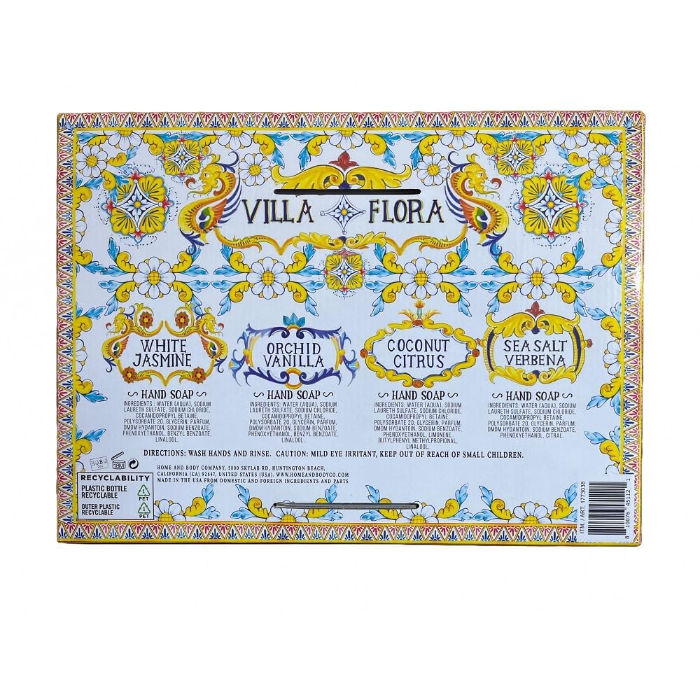 Home and Body Company Hand Soap Villa Flora Collection 16 FL/473ml Bottles infused with Essential Oils Sea Salt Verbena, Coconut Citrus, Orchid Vanilla, and White Jasmine - (1 x 4pk)