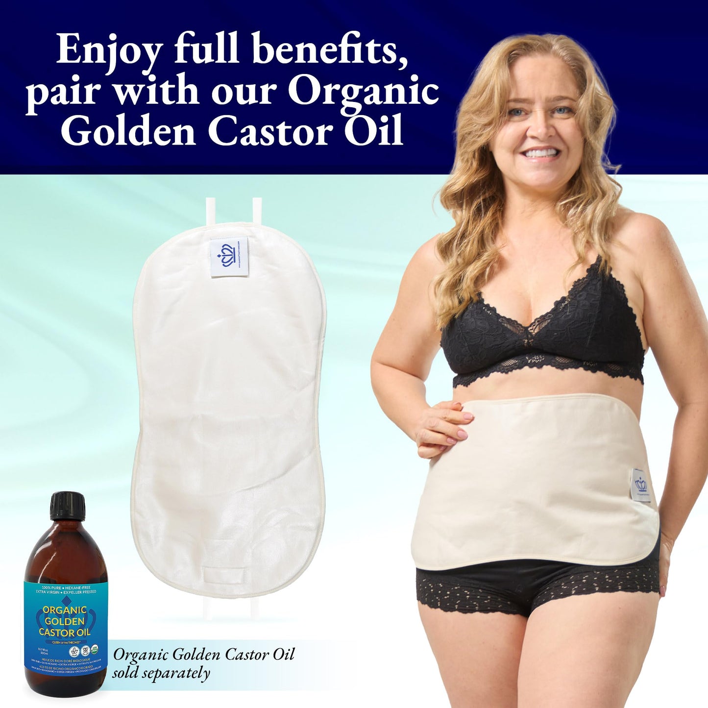 Queen of the Thrones Pelvic Castor Oil Pack Kit + Organic Golden Castor Oil 16.9oz