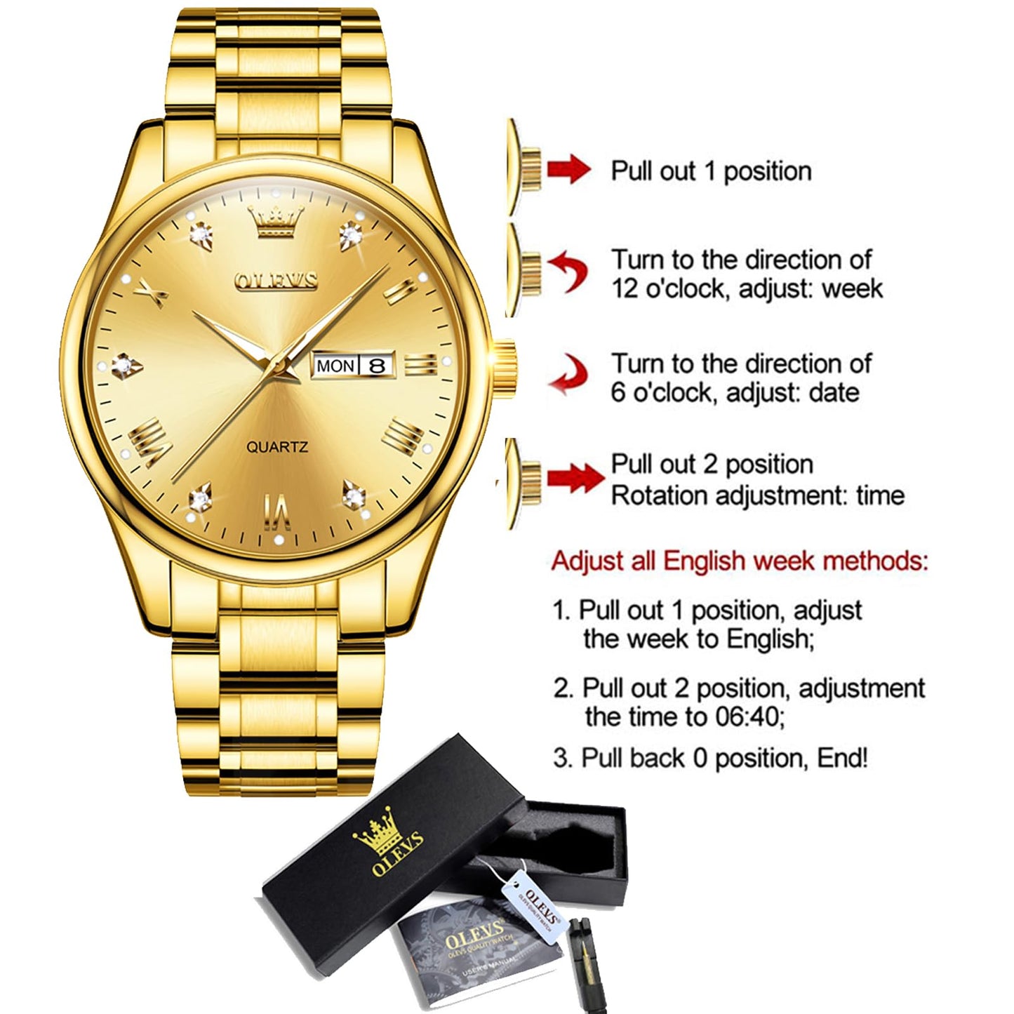 OLEVS Gold Watches for Men,Fashion Men Wrist Watches with Day Date,Diamond Watches Men,Gold Stainless Steel Analog Man Watch Waterproof,reloj de Hombre,Large Face Mens Dress Watch Luminous, Watch Men