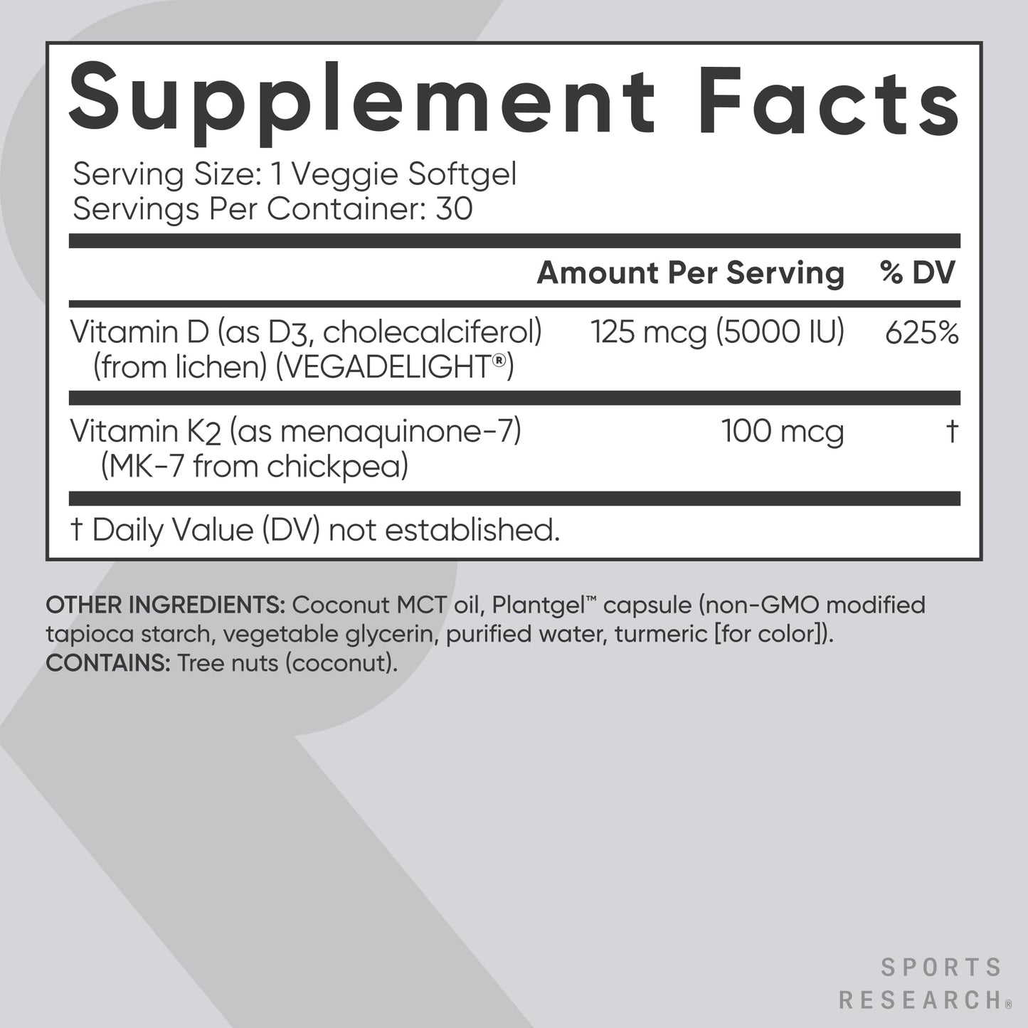 Sports Research Vegan Vitamin D3 + K2 Supplement with Organic Coconut Oil - 5000iu Vitamin D with 100mcg Mk7 Vitamin K - Supports Calcium for Stronger Bones & Immune Health - 30 Softgels for Adults