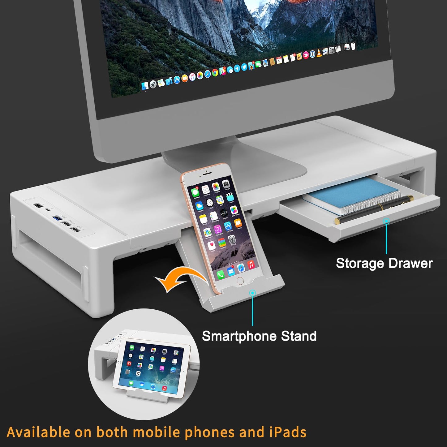 AQQEF Monitor Stand Riser, Foldable Computer Monitor Stand for Desk with USB 3.0 and Charging Prot, Laptop & Monitor Riser for Desk with Storage Drawer and Tablet Phone Hold