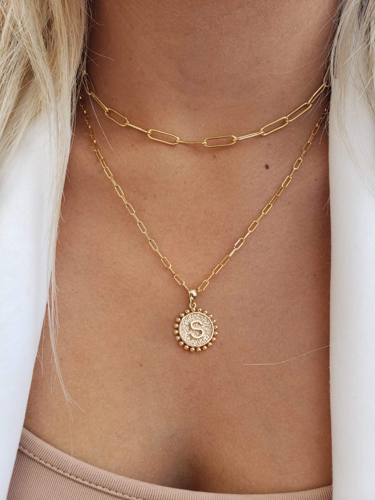 Yoosteel Gold Necklaces for Women, 14K Gold Plated Dainty Layering Paperclip Link Chain Necklace Personalized Coin Pendat S Gold Layered Necklaces for Women Gold Jewelry Gifts