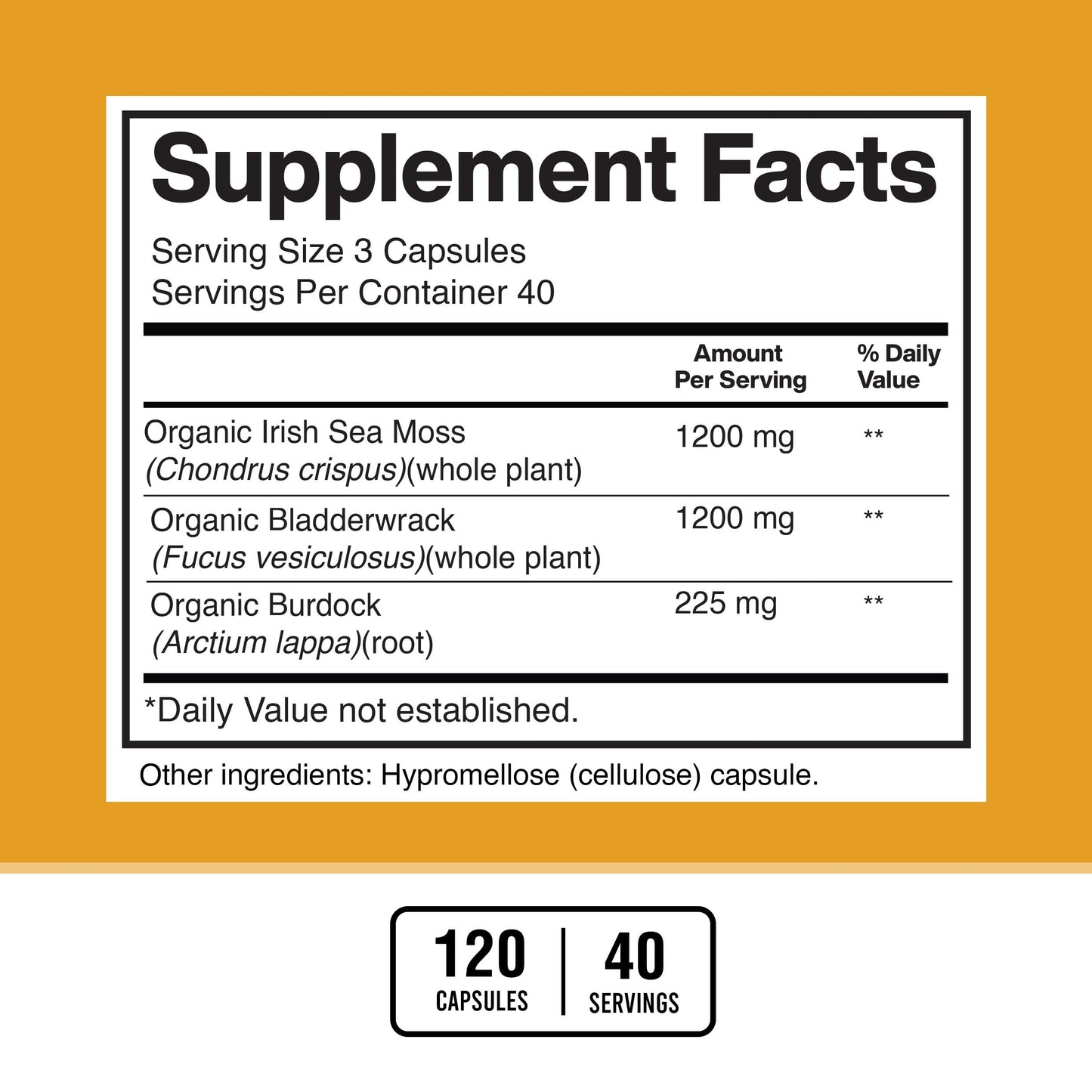 American Standard Supplements Irish Sea Moss 1200mg, Bladderwrack 1200mg and Burdock Root 225mg Per Serving - Vegan, Gluten Free, Non-GMO, 120 Capsules, 40 Servings