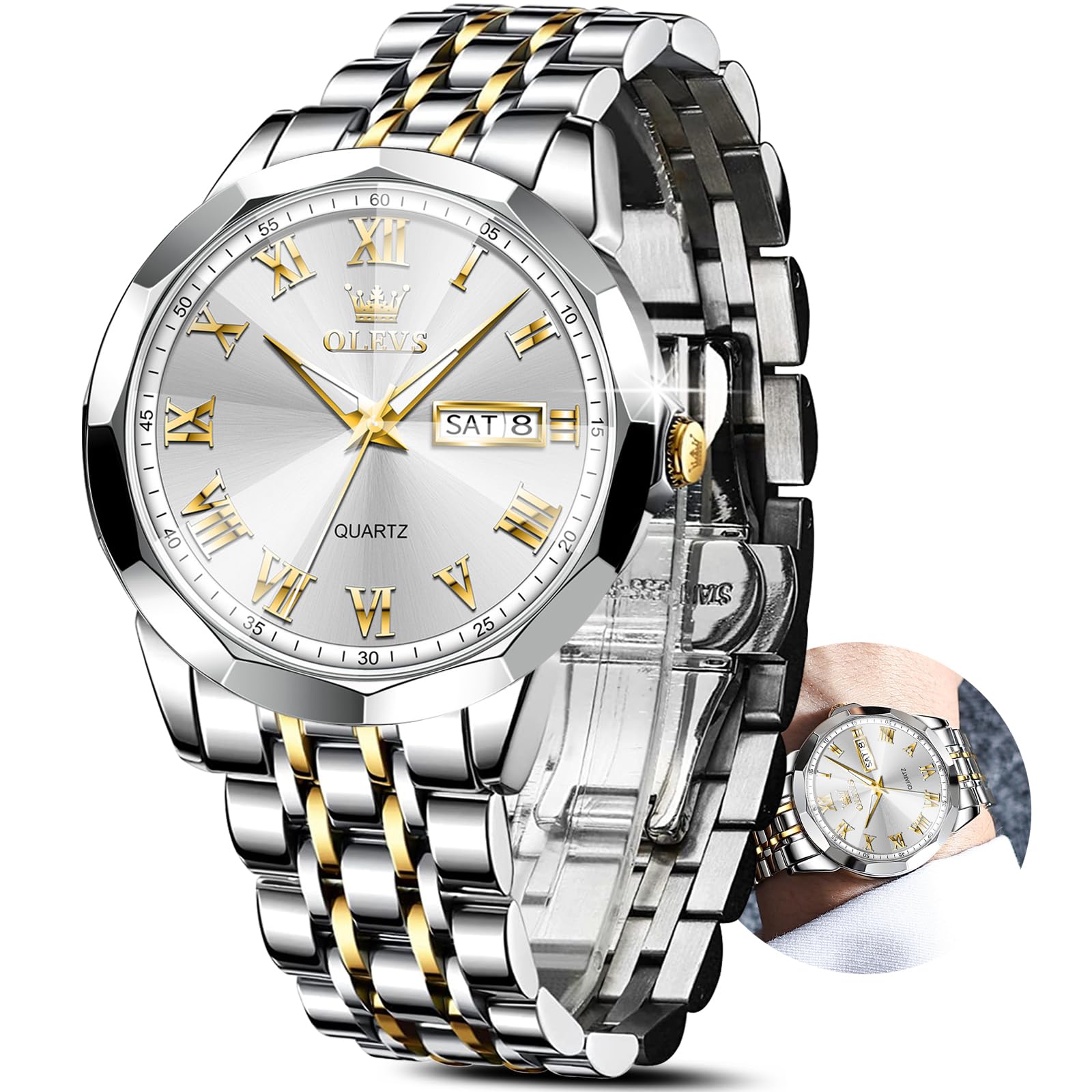 OLEVS Large Face Watches for Men Gold and Silver Stainless Steel Mens Mega Mart Center