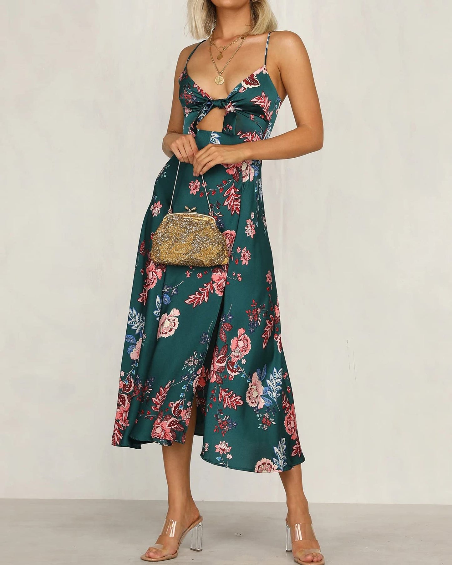 Fashionme Women Spaghetti Strap Midi Satin Dresses Tie Front Backless Split Summer Casual Floral Dress Hollow Flowy Slip Sundress Wedding Guest Beach Cocktail Graduation Dark Green