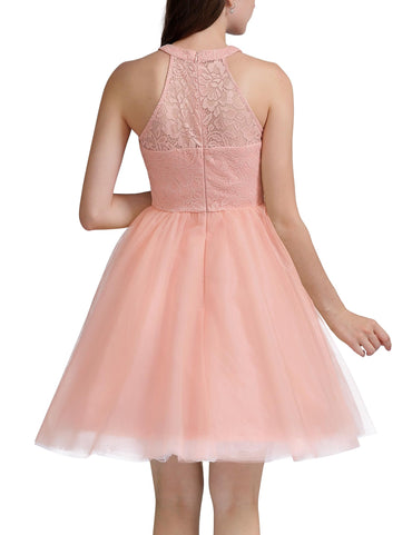 Dressystar Short Halter Prom Ball Gown Lace Tulle Evening Homecoming Dress 0068 Blush L