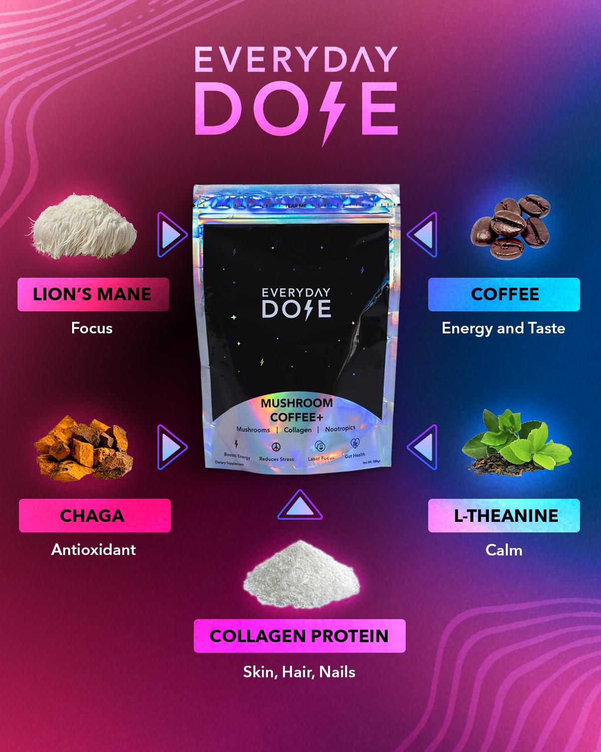 The Mushroom Latte by Everyday Dose | Premium Coffee Extract with Grass-Fed Collagen, Chaga, Lions Mane & L-Theanine for better Focus, Energy, Digestion and Immunity | 30 Servings Of Mushroom Coffee