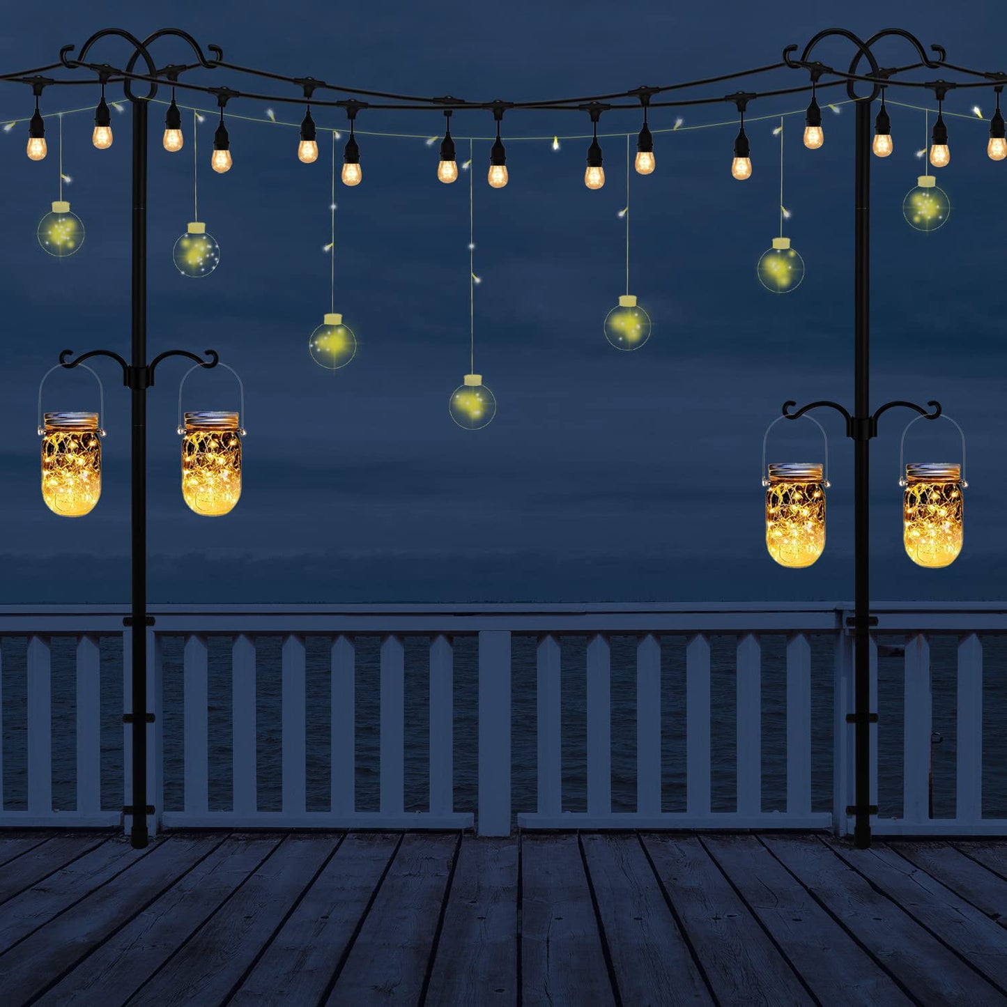 RINLAIN String Light Poles 2 Pack,8.3ft Height Adjustable Metal Stand Pole with Hooks for Hanging String Lights,Garden, Backyard, Patio Lighting Stand for Parties, Wedding (2Pack-Deck Pole, Black)