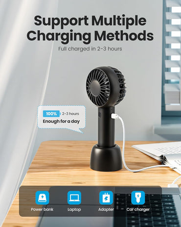 Gaiatop Mini Portable Fan, Small and Powerful, Cute Design 3 Speed Personal Handheld fan and Desktop with Base, Lightweight USB Rechargeable for Travel Lash Makeup Girl Women Summer Gift Black