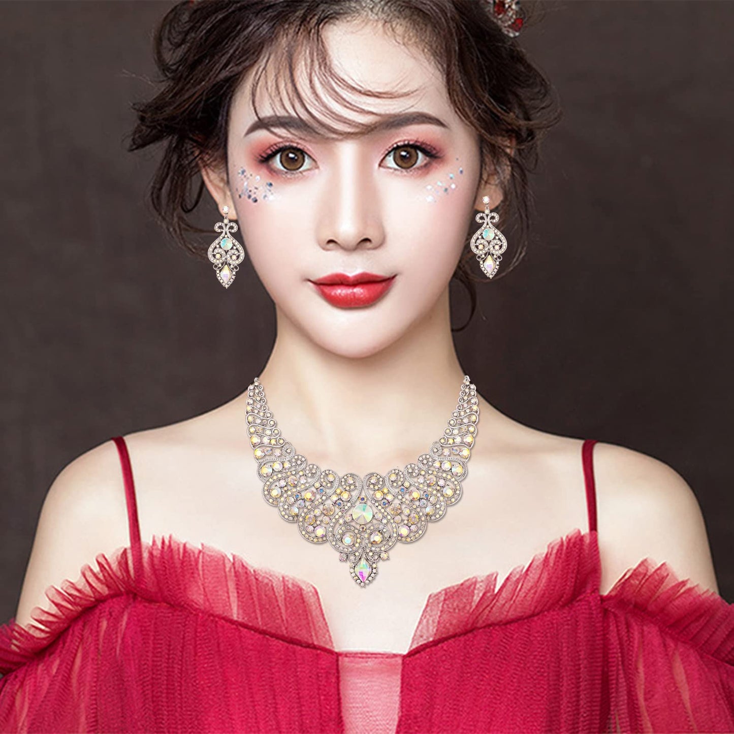 CSY Luxury Big Statement Bib Necklace Earrings Sets Wedding Party Prom Dress Costume Jewelry Set Accessories for Brides Women (AB Crystal)