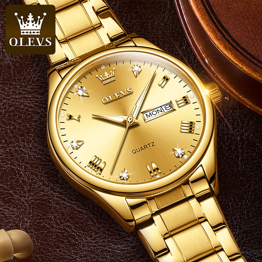 OLEVS Gold Watches for Men,Fashion Men Wrist Watches with Day Date,Diamond Watches Men,Gold Stainless Steel Analog Man Watch Waterproof,reloj de Hombre,Large Face Mens Dress Watch Luminous, Watch Men