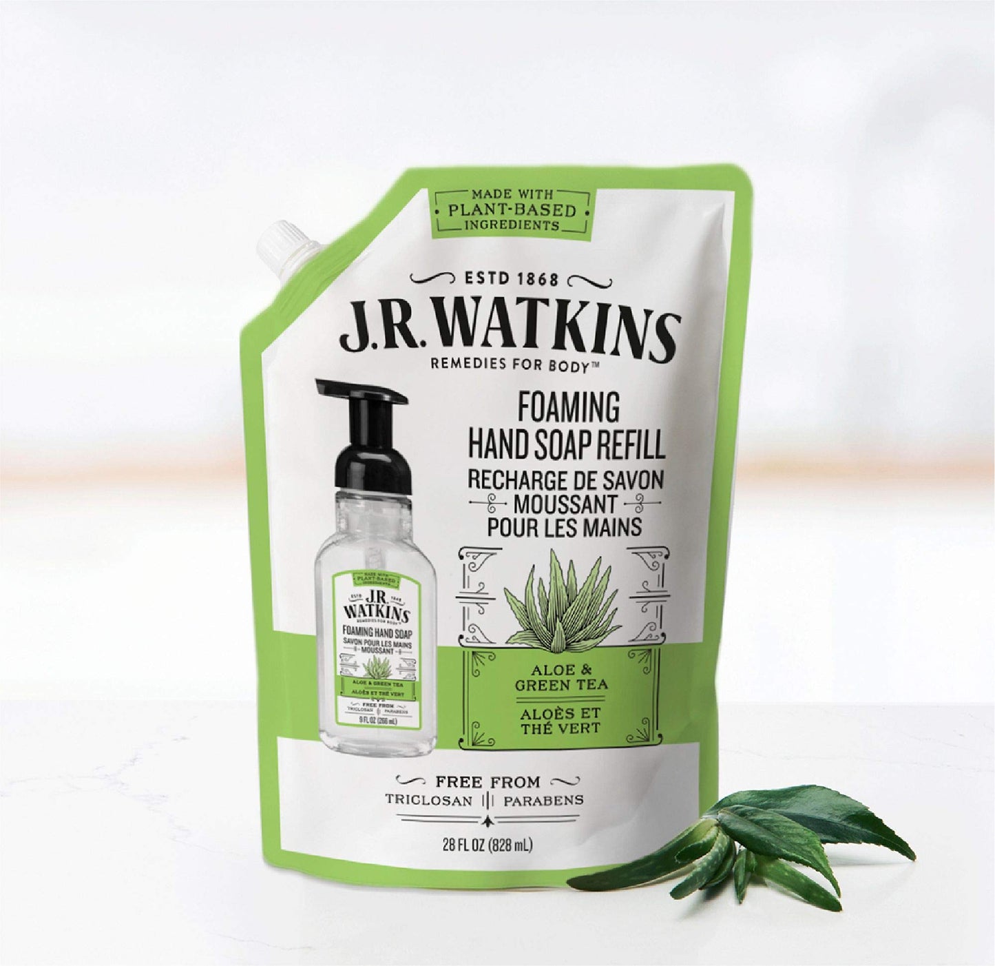 J.R. Watkins Foaming Hand Soap Refill Pouch, Scented Foam Handsoap for Bathroom or Kitchen, USA Made and Cruelty Free, 28 fl oz, Aloe & Green Tea, 2 Pack