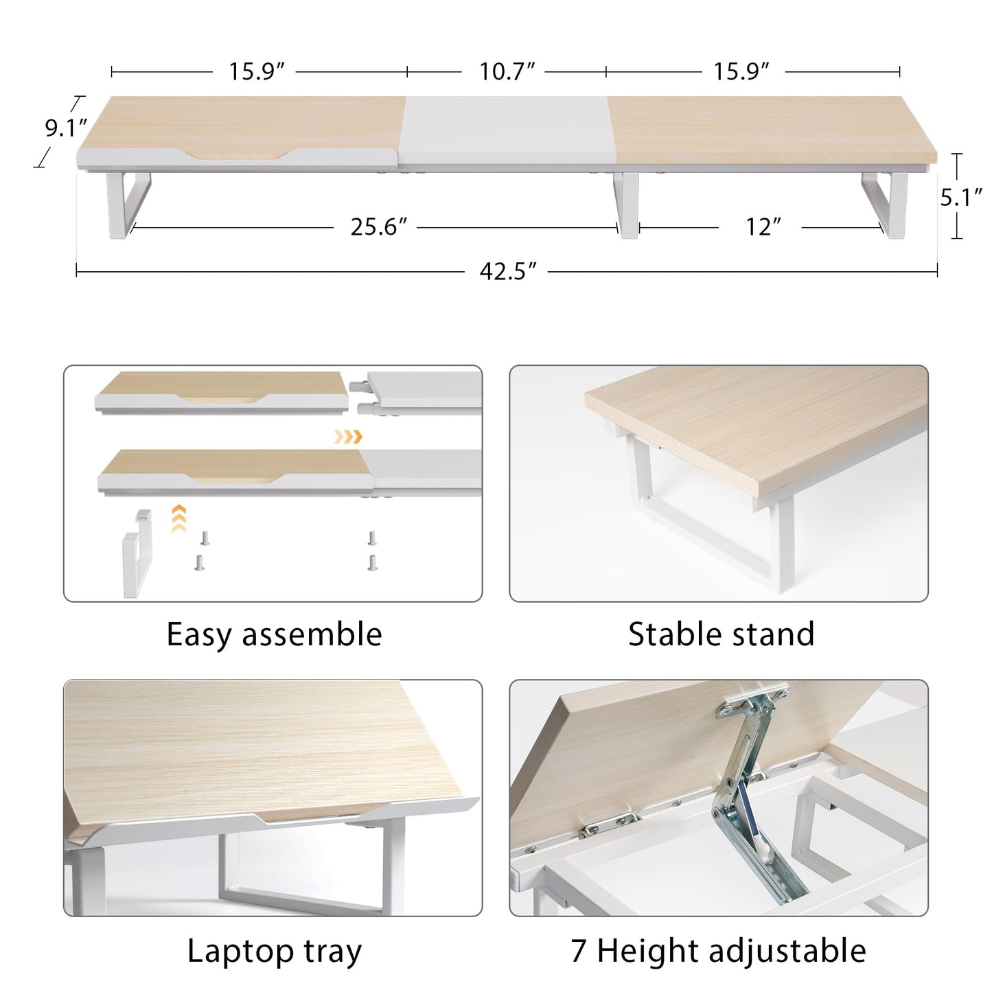 Dual Monitor Stand with Adjustable Laptop Riser - Monitor Stand for 2 Monitors, Ergonomic 7-Angle Adjustable Laptop Stand for Desk, Wooden Computer Stand For Home Office with Metal Legs, Oak