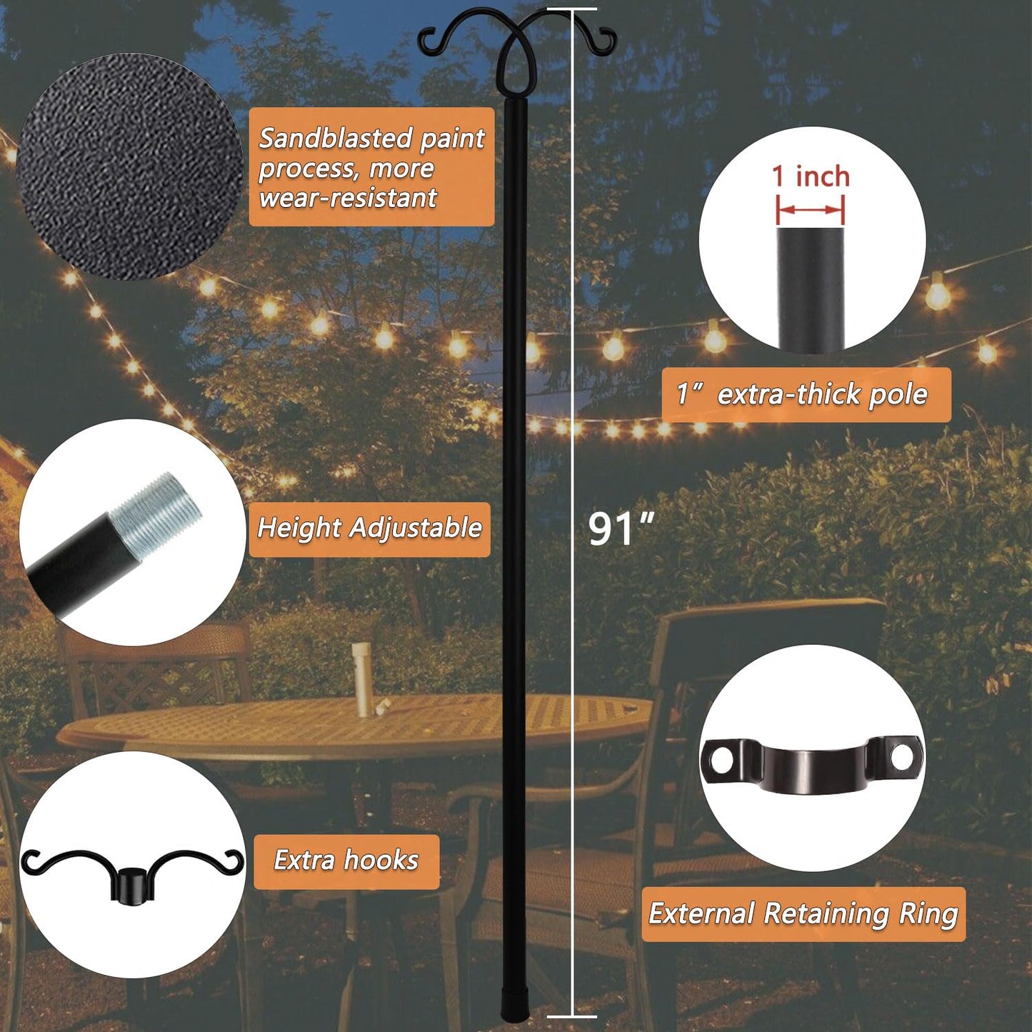 RINLAIN String Light Poles 2 Pack,8.3ft Height Adjustable Metal Stand Pole with Hooks for Hanging String Lights,Garden, Backyard, Patio Lighting Stand for Parties, Wedding (2Pack-Deck Pole, Black)