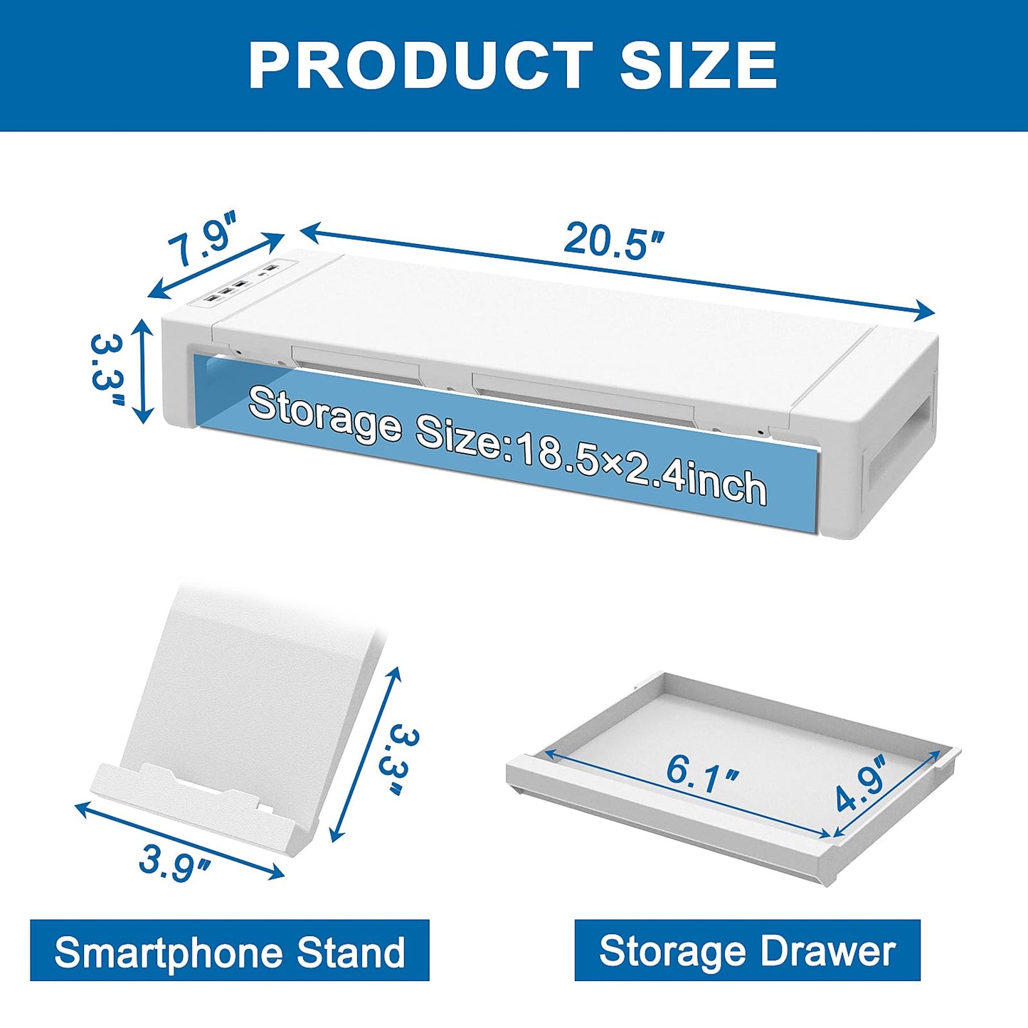 AQQEF Monitor Stand Riser, Foldable Computer Monitor Stand for Desk with USB 3.0 and Charging Prot, Laptop & Monitor Riser for Desk with Storage Drawer and Tablet Phone Hold